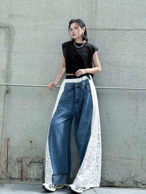 Lace Contrast Wide Denim Pants